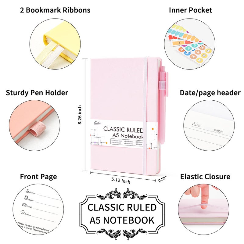 feela 3 Pack Hardcover Notebook For Women  Classic Ruled Lined Journal Set School Business Supplies  with 3 Black Pens  120 GSM  5.1 x8.3   A5  Pastel Colors  Light Yellow  Light Pink  Pale Orange - Image 2